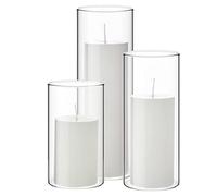 Lot de 3 Bougies Pilier Blanches et 3 vases cylindriques en Verre pour Mariage