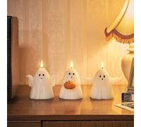 Lights4fun TruGlow® Lot de 3 Bougies Sans Flamme en Forme de Fantômes à LED Blanc Chaud à Piles en Cire Véritable avec Minuterie et Télécommande Décoration d'Halloween pour Intérieur