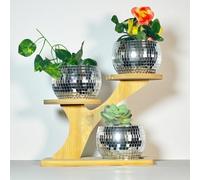 Lot de 3 Boule a Facette Pot de Fleur avec Bambou Stand,Boule a Facette Vase,Disco Pot de Fleur,Disco Cache Pot,Disco Plante,Bol Disco,Argenté Mosaique Miroir Disco Jardiniere pour Cactus Succulent