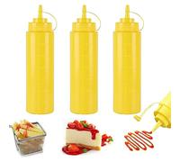 Lot de 3 bouteilles à presser en plastique jaune de 680,4 g pour condiments - Bouteilles à presser multi-usages pour ketchup, huile, confiture, sauce barbecue, vinaigrettes, grillades, sirop