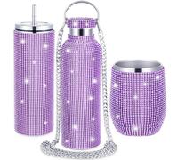 Lot de 3 bouteilles d'eau sans pied en acier inoxydable avec strass - Gobelet isotherme en strass avec couvercle à chaîne et paille pour femme - Pour café, martini, vin (blanc argenté)