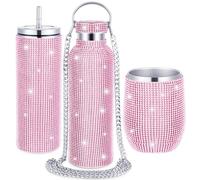 Lot de 3 bouteilles d'eau sans pied en acier inoxydable avec strass - Gobelet isotherme en strass avec couvercle à chaîne et paille pour femme - Pour café, martini, vin (blanc argenté)