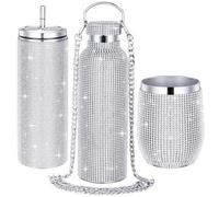 Lot de 3 bouteilles d'eau sans pied en acier inoxydable avec strass - Gobelet isotherme en strass avec couvercle à chaîne et paille pour femme - Pour café, martini, vin (blanc argenté)