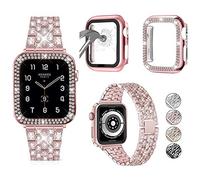 Lot de 3 bracelets compatibles avec Apple Watch + coque de 38 mm, 40 mm, 41 mm, 42 mm, 44 mm, 45 mm pour femme - Bracelet en métal à diamants scintillants avec coque en diamant et coque de protection