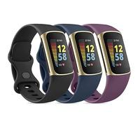 Lot de 3 bracelets de sport compatibles avec Fitbit Charge 5 pour homme et femme, bracelets de rechange classiques en silicone souple pour traqueur d'activité Fitbit Charge 5 (taille S, noir/bleu marine/violet)