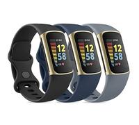 Lot de 3 bracelets de sport compatibles avec Fitbit Charge 5 pour homme et femme, bracelets de rechange classiques en silicone souple pour traqueur d'activité Fitbit Charge 5 (taille L, noir/bleu marine/bleu gris)