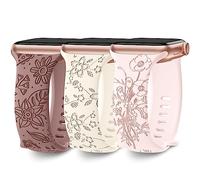 Lot de 3 bracelets gravés floraux compatibles avec les bracelets pour femmes 40 mm 41 mm 38 mm 42 mm 44 mm 45 mm 49 mm, bracelet de sport en silicone avec motif de fleurs sauvages mignonnes pour