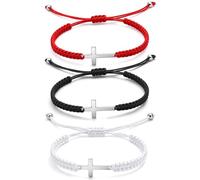 Lot de 3 bracelets réglables en corde tressée avec pendentif en forme de croix en métal pour hommes et femmes, cadeaux chrétiens, amitié, couple, communion, foi (noir, blanc, rouge)