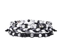 Lot de 3 bracelets tissés en agate noire mate - Protection spirituelle - Stabilité - Ligne de cire tressée - Perles colorées et lisses - Noir, Ligne de cire, Pierre secondaire