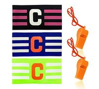 Lot de 3 brassards de Capitaine de Football avec 2 sifflets Oranges, équipement de Football, Accessoires de Sport d'équipe, brassards élastiques, Unisexe, Convient pour Plusieurs Sports de Balle