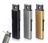 Lot de 3 briquets électroniques avec port USB, allumage double face, sans flamme, coupe-vent, rechargeables, sans gaz (noir + argent + doré)