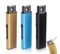 Lot de 3 briquets électroniques tempête électriques avec port USB, allumage double face, sans flamme, coupe-vent, rechargeables, sans gaz (noir + argent + bleu)