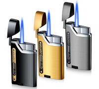 Lot de 3 briquets tempête, à jet flamme, rechargeables, avec fenêtre visible, coupe-vent, pour cuisine/camping, gris, noir et doré (sans gaz)
