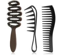 Lot de 3 brosses à cheveux lisses en poils de sanglier - Peigne à dents larges - Peigne à dents larges - Pour cheveux bouclés, raides, ondulés et épais - Salon de coiffure
