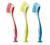 Lot de 3 brosses à récurer de cuisine avec base à ventouse, longue poignée ergonomique, couleurs assorties pour les tâches de lavage de la vaisselle, brosse à vaisselle