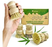 Lot de 3 brosses à vaisselle en bambou 100 % végétales avec poils de sisal et de noix de coco, 2 types de brosses, brosse à récurer pour la vaisselle, séchage rapide, sans odeur