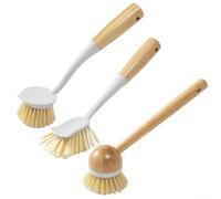 Lot de 3 brosses de nettoyage de cuisine en bois à long manche avec grattoir intégré pour améliorer la vaisselle et le nettoyage (blanc)
