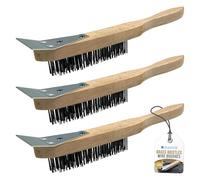 Lot de 3 brosses métalliques en bois - Brosse en acier robuste à 4 rangées avec manche en bois et grattoir en métal - Brosse métallique pour enlever la rouille et le nettoyage abrasif