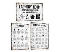 LOT DE 3 - Buanderie Plaque Metal Vintage Français 20x30cm - Laundry Panneau Pancarte Deco Accessoires - Toilettes Affiche Salle de Bain Poster WC Tableau Decoration Murale en Métallique