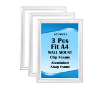 Lot de 3 cadres photo A4 argentés à clipser - Fixation murale étanche - Ouverture frontale en aluminium de 25 mm - Pour affiche, œuvre d'art, photo, maison et bureau