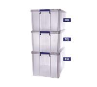 BANKERS BOX 7731301 Prostore Multipack Boîtes 2 x 70 litres + 1 x 85 litres en plastique avec couvercle, super résistant, sans Bpa, empilable, transparent