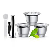 Lot de 3 capsules de café réutilisables en acier inoxydable compatibles avec Nes Presso + 1 tamper + 1 cuillère + 1 brosse + 3 joints toriques de rechange en silicone pour capsules