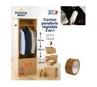Lot de 3 cartons déménagement Penderie double cannelure Modulable 50x50x120 cm - 300L avec tringle + 6 brosses adhésives + adhésif