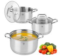 Lot de 3 casseroles à induction, avec couvercle en verre, acier inoxydable mat, sans revêtement, graduation intérieure, vitrocéramique, gaz, cuisinière électrique
