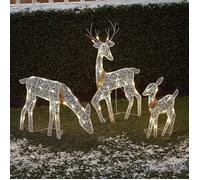 Lot de 3 cerfs de Noël lumineux avec lumières LED à 360° Décor de jardin de Noël Blanc chaud Lumières de Vacances Ensemble de cerfs