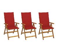 Lot de 3 chaises de jardin pliantes en bois d'acacia massif avec coussins rouges, traitement à l'huile, réglables en 5 positions, pour l'extérieur et la terrasse, durable, peu encombrante