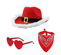 Lot de 3 chapeaux de Père Noël et cowboy - Chapeau de cowboy - 3 lunettes en forme de cœur - Large bord - Bandana vintage réglable - Accessoires de costume occidental