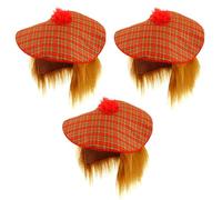 Lot de 3 chapeaux écossais pour adulte Unisexe Tam O Shanter avec perruque pour cheveux ~ Scotland Burns Night Party Déguisement, marron/rouge, taille unique