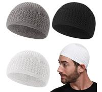 Lot de 3 chapeaux musulmans brodés Kufi pour homme, confortables et respirants, pour le Ramadan, l'Aïd