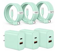Lot de 3 chargeurs rapides pour iPhone, 3 m, bloc de charge rapide de 20 W avec câble USB C compatible avec iPhone 17/17 Air/17 Pro/17 Pro Max/16/16 Pro Max/15/15 Pro Max, vert