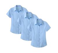 Lot de 3 chemisiers d'été élégants en coton pour femme - Chemise d'affaires en satin à manches courtes - Infroissable - Col à revers - Chemise de travail légère - Chemise boutonnée - Chemise de