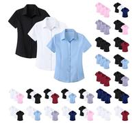 Lot de 3 chemisiers d'été élégants en coton pour femme - Chemise d'affaires en satin à manches courtes - Infroissable - Col à revers - Chemise de travail légère - Chemise boutonnée - Chemise de