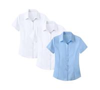 Lot de 3 chemisiers d'été élégants en coton pour femme - Chemise d'affaires en satin à manches courtes - Infroissable - Col à revers - Chemise de travail légère - Chemise boutonnée - Chemise de