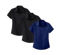 Lot de 3 chemisiers d'été élégants en coton pour femme - Chemise d'affaires en satin à manches courtes - Infroissable - Col à revers - Chemise de travail légère - Chemise boutonnée - Chemise de