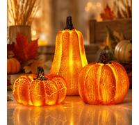 Lot de 3 citrouilles décoratives d'automne avec lumière LED | Lanterne éclairée, citrouille d'Halloween, figurines décoratives, décoration d'automne, lumière pour décoration de table