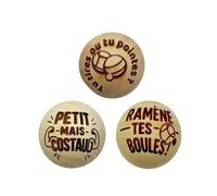 Lot de 3 Cochonnets de Pétanque en Bois Poli avec Message (Modèle: TM-COCHMES_BOISV2)