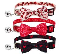 Lot de 3 colliers de Saint-Valentin pour chat avec nœud papillon et clochette cœur Love Red Lips Kiss XOXO pour chaton de petite, moyenne et grande taille, noir, rose et rouge