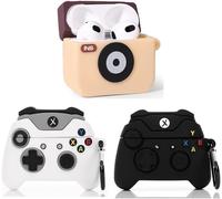 Lot de 3 coques de protection en silicone pour Airpods 3e génération (2022), avec motif mignon et amusant, avec porte-clés (GamePadBK+blanc+BKcamera)