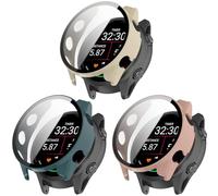 Lot de 3 coques de protection rigide en polycarbonate compatible avec Garmin Forerunner 170 - Antidérapantes - Ultra fines - Anti-rayures - Avec verre trempé - Beige/rose/vert