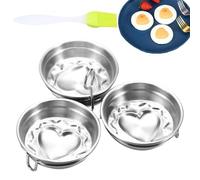 Lot de 3 coquetiers à œufs en forme de cœur et de forme ronde - Cuiseur à crêpes aux œufs au plat - Vapeur à œufs antiadhésif avec brosse pour muffins et sandwichs au petit-déjeuner