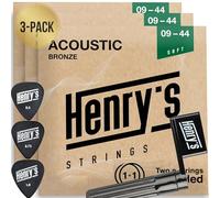 Lot de 3 cordes de guitare acoustique extra légères - Facile à enfiler et excellent son - 3 cordes E1 supplémentaires, 3 médiators et enrouleur de cordes - 6 cordes de guitare acoustique bronze 09-44