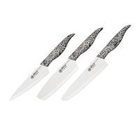 Lot de 3 couteaux de cuisine avec lames en céramique oxyde de zirconium blanc : Utility 155 mm, Nakiri 165 mm, Koch 187 mm