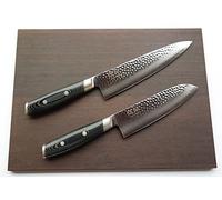 Lot de 3 couteaux de cuisine Yaxell Tsuchimon - Couteau de cuisine + Couteau Santoku - Manche en micro acier VG10 61-62HRC + planche à découper en bois de wengé