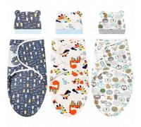 Lot de 3 couvertures d'emmaillotage pour nouveau-nés avec bonnets, langes d'emmaillotage imprimés pour tout-petits, gigoteuse réglable pour filles et garçons Qualité supérieure : nos langes élégants e