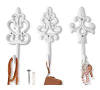 Lot de 3 crochets muraux décoratifs en fonte antique chic rustique shabby shabby rustique avec grand crochet de suspension - Vis et chevilles incluses - Revêtement en poudre blanc
