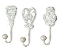 Lot de 3 crochets muraux en fer blanc gris - Style shabby chic - Style maison de campagne vintage nostalgie antique - Style baroque